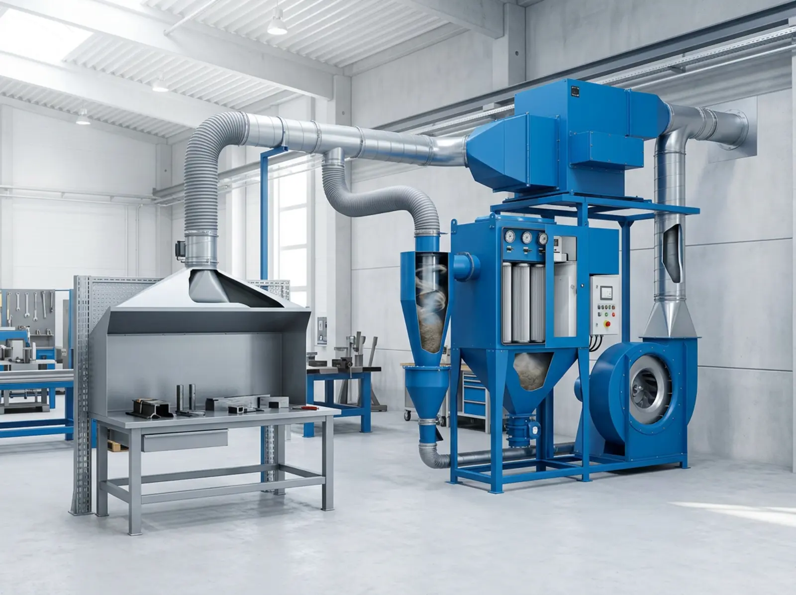 Eine blaue Absauganlage mit Vorabscheider, Filtern und Rohrleitungen steht neben einer Werkbank in der Werkstatt.