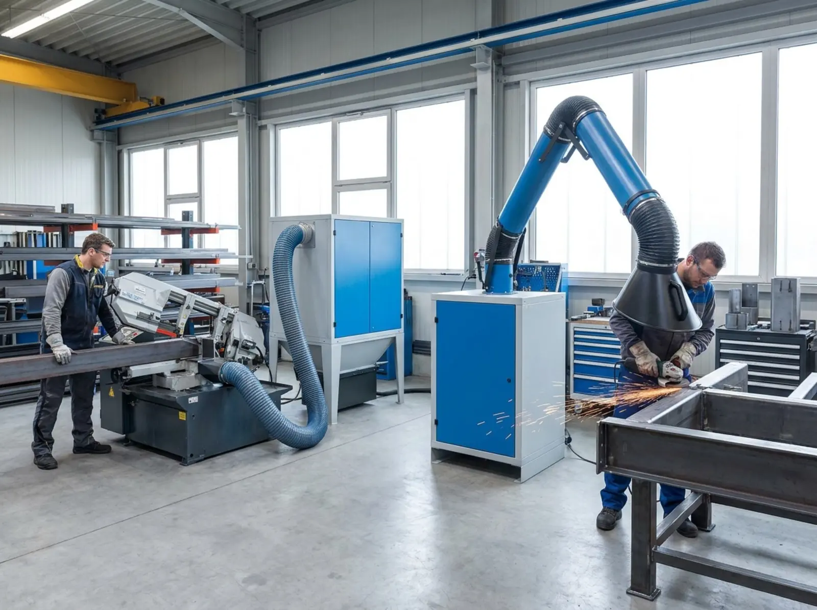 Zwei Arbeitsplätze in einer Metallwerkstatt: Sägen und Schleifen, jeweils mit direkt angeschlossener blauer Absaugtechnik.