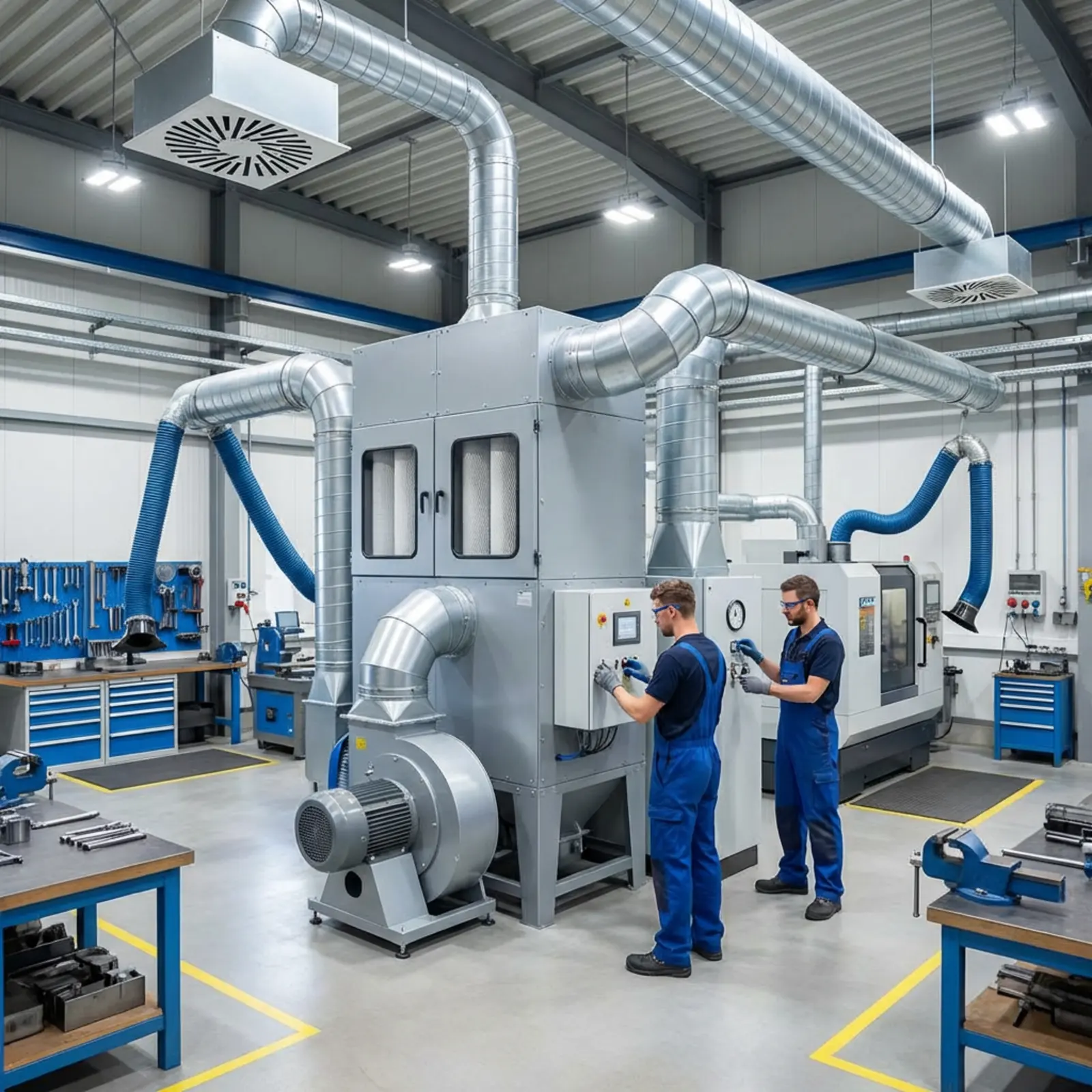Quadratisches fotorealistisches Bild einer modernen Werkstatt mit modularem Staubabsaugsystem.