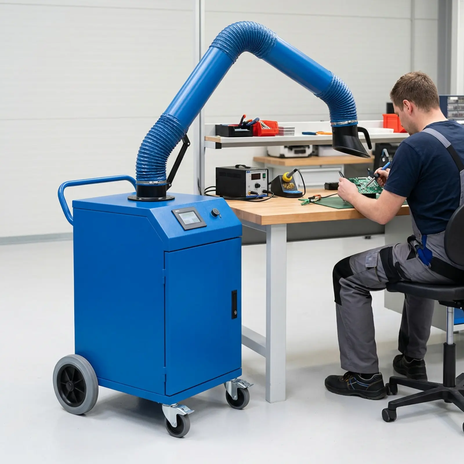 Eine mobile Absauganlage mit blauem Schlauch steht neben einem Techniker, der an einer Platine lötet.