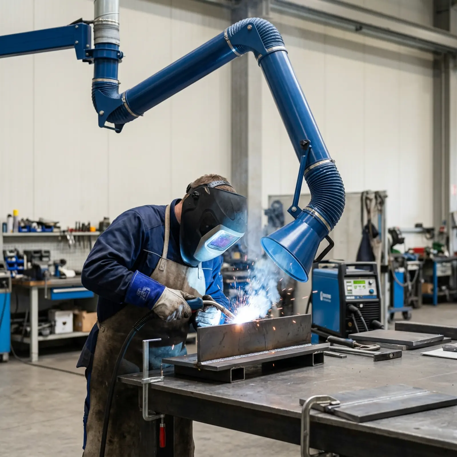 Ein Schweißer arbeitet mit Schutzhelm an einer Werkbank, während ein blauer Absaugarm den Rauch erfasst.
