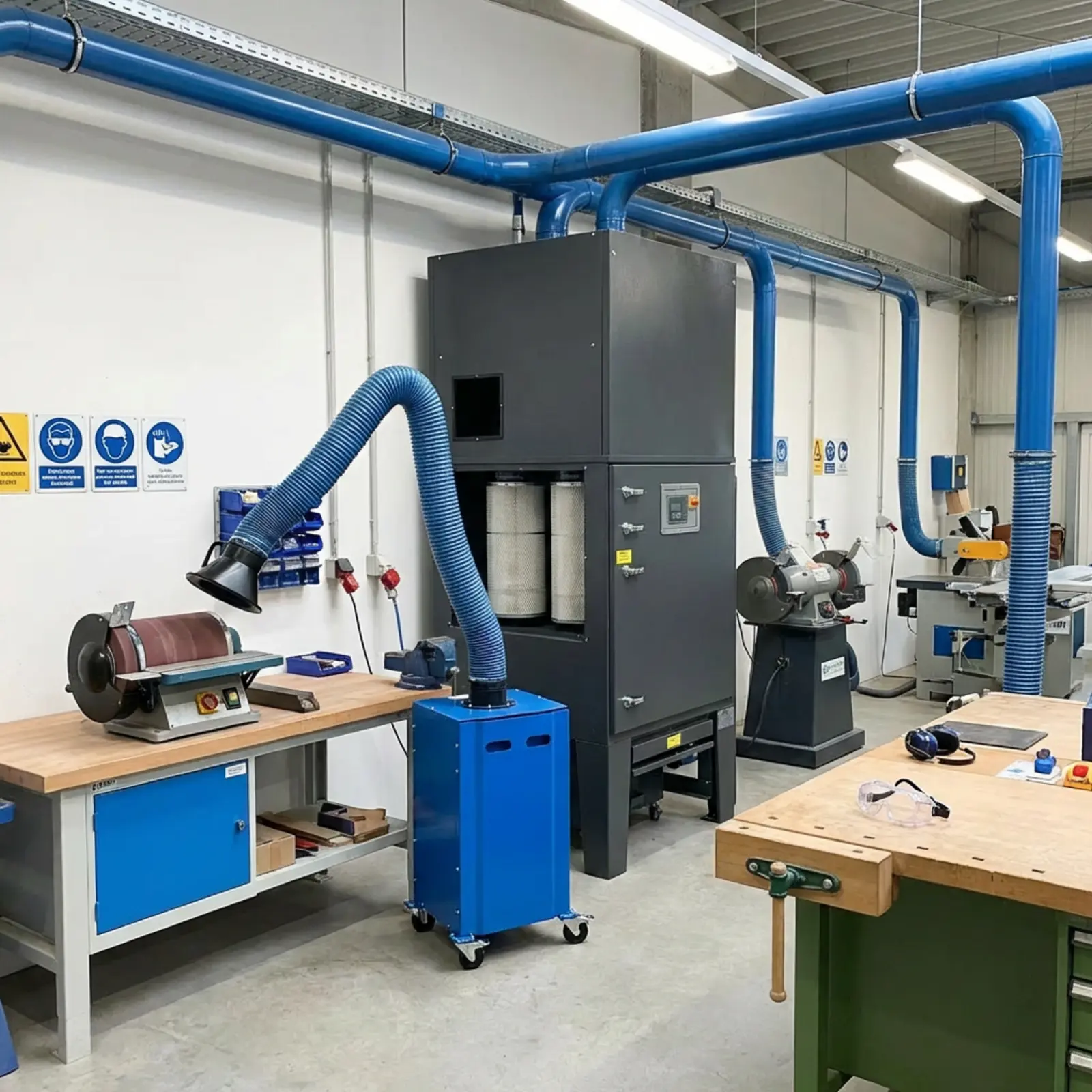 Fotorealistische Werkstatt: zentrale Staubabsaugung, Schläuche zu Maschinen, mobiler Absauger.