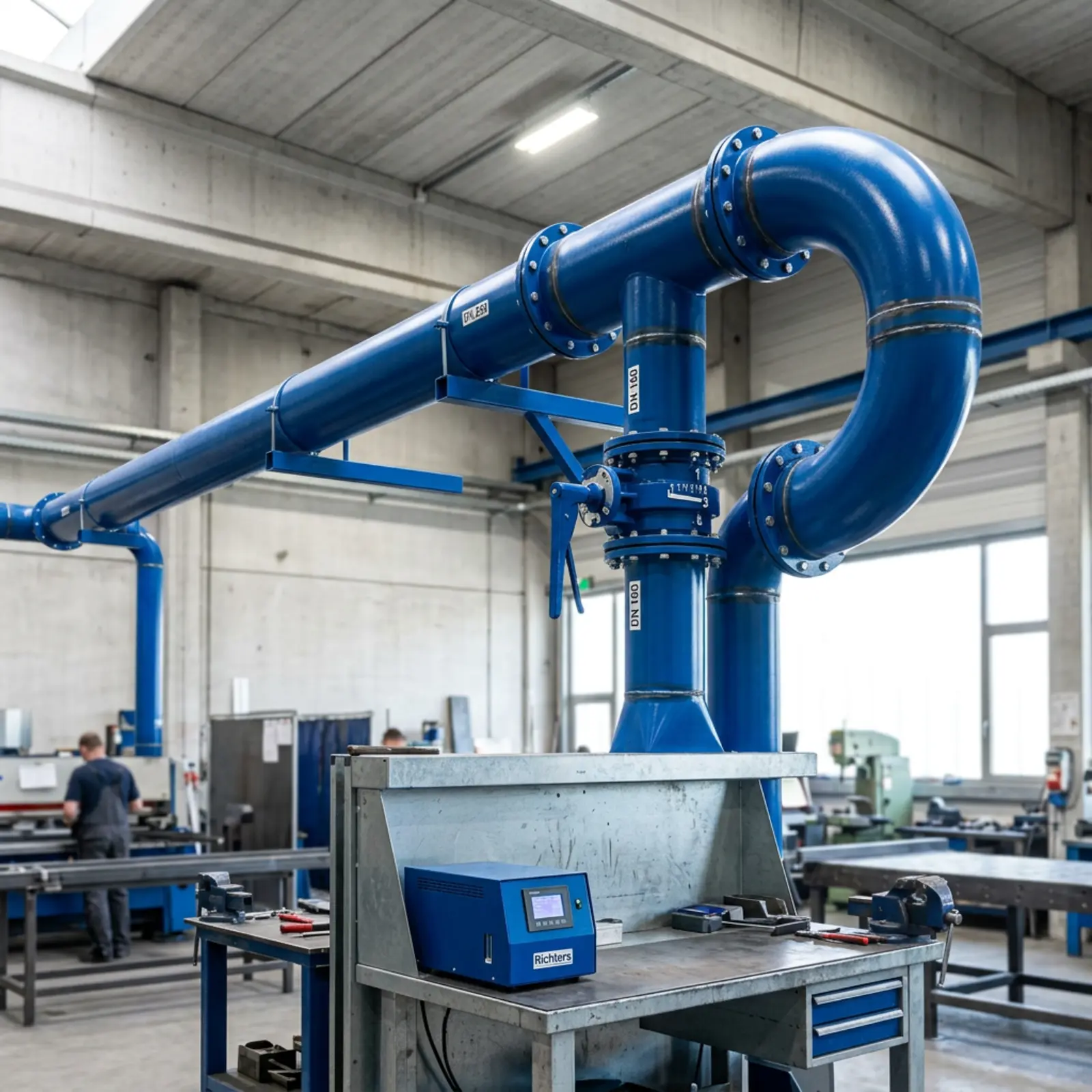 Blaue Absaugrohre mit großen Bögen und Flanschen führen über einer Werkbank durch eine Werkstatthalle.