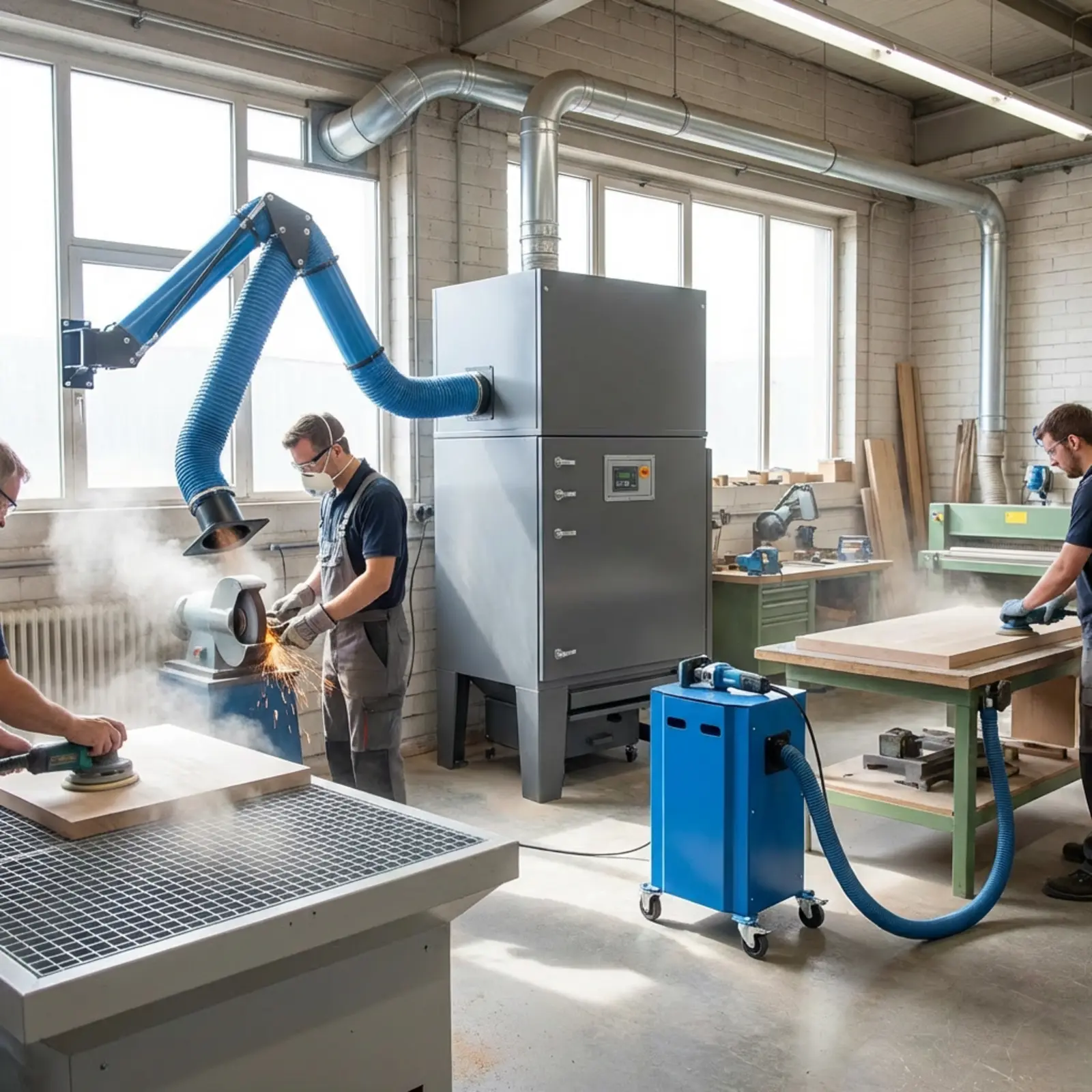 Werkstatt mit Staubabsaugung direkt an Maschinen, zentrale Absaugung, Arbeiter in Schutzkleidung.