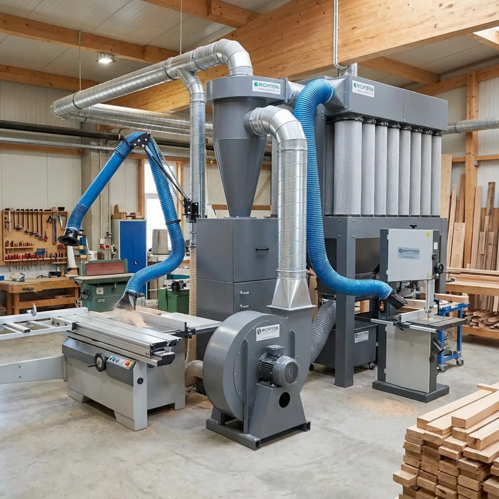 Staubabsauganlage in Werkstatt: Radialgebläse, Zyklonabscheider, Mehrstufenfiltration