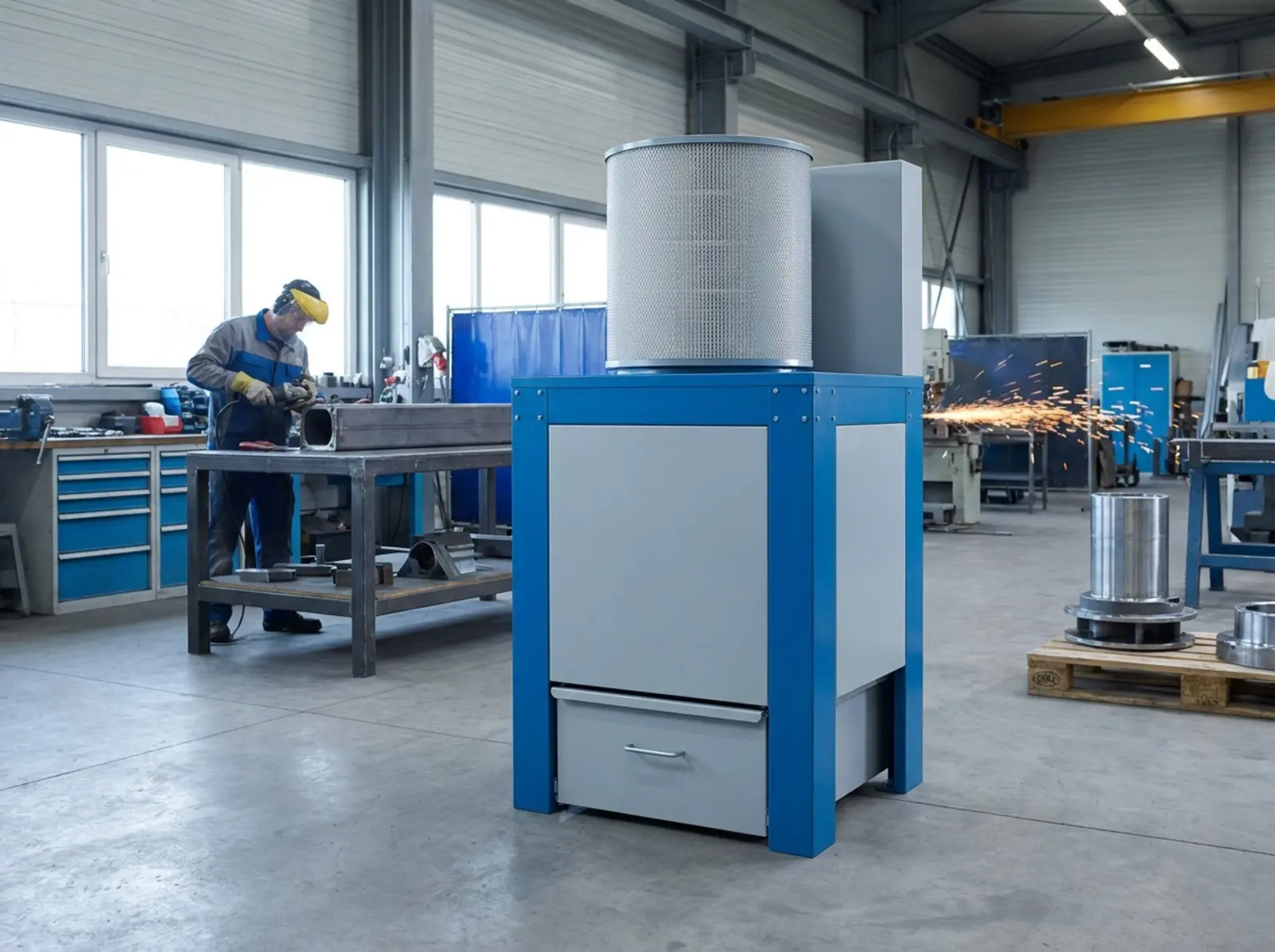 Eine blaue Industrie-Entstaubungsanlage mit geschlossenem Gehäuse und Staubschublade steht in einer Werkstatt.