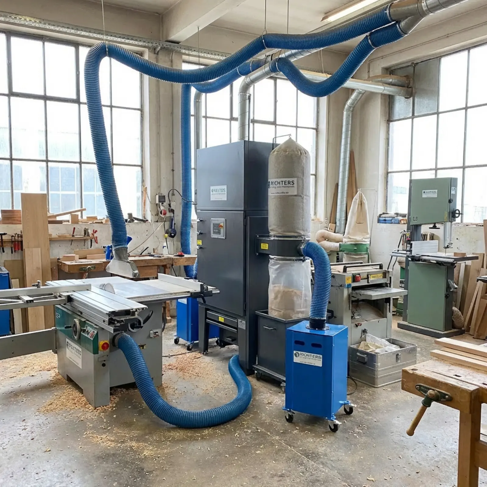 Schreinerwerkstatt mit mobilen Staubabsaugern und zentralem System; Holzspäne sichtbar.