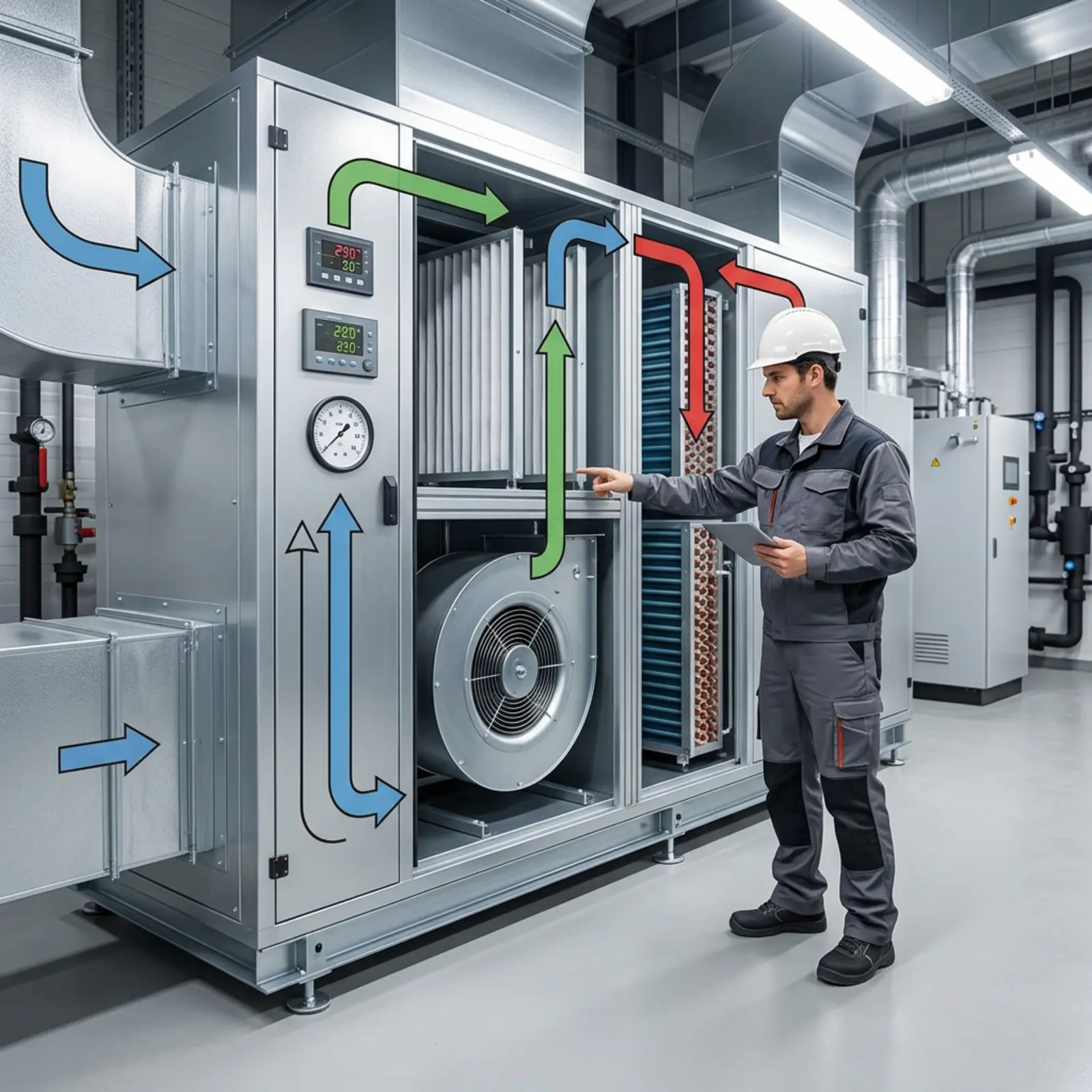 Ingenieur inspiziert eine Luftbehandlungsanlage; Diagramm zeigt Luftumlauf- und Rückluftpfade.