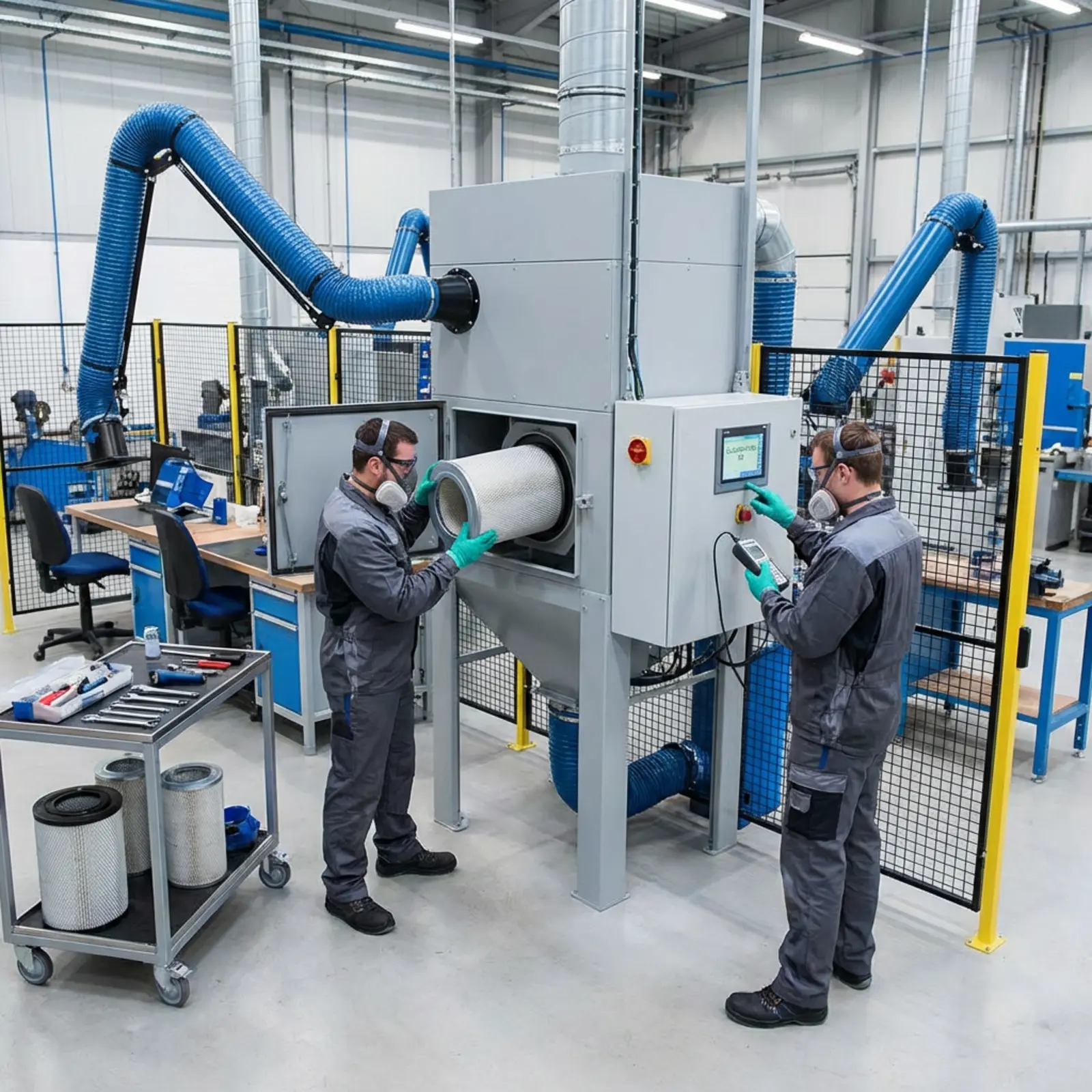 Moderne Staubabsaugung in der Werkstatt; Techniker in PSA warten Filterkartuschen und Sensoren.