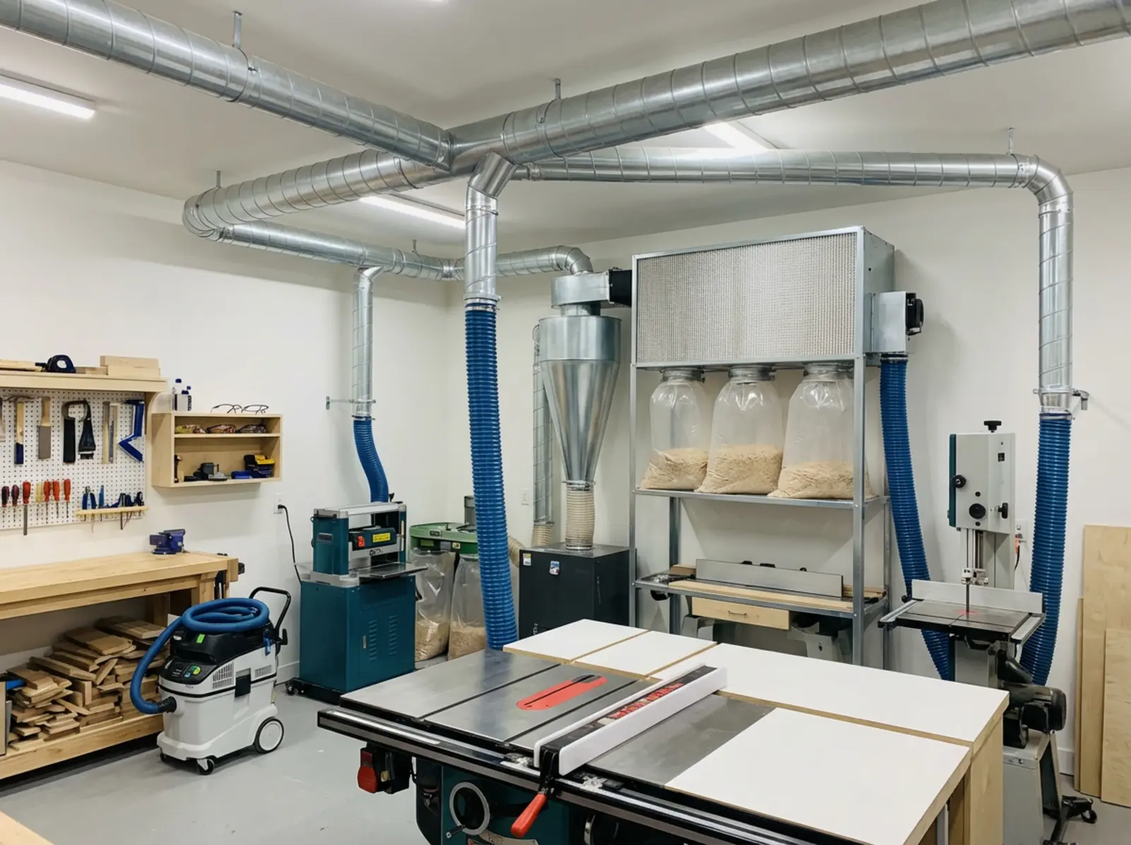 Werkstatt mit zentraler Staubabsaugung Deckenrohr Zyklon Filter Staubbeutel mobiler Werkstattsauger
