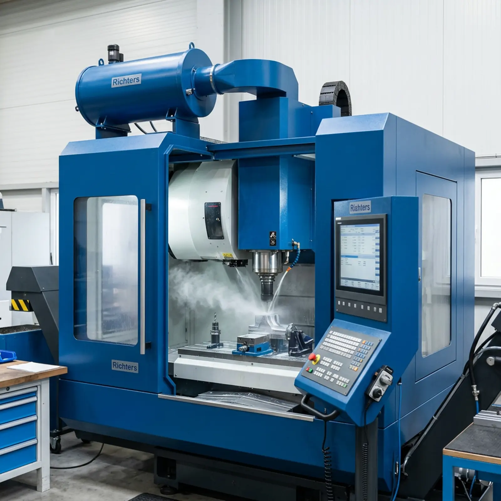 Eine blaue CNC-Fräsmaschine mit sichtbarer Absaugung steht offen in der Werkstatt; das Bedienpanel ist sichtbar.