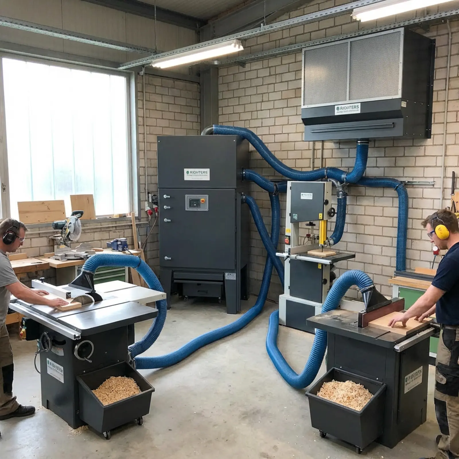 Quadratisches, fotorealistisches Bild einer Schreinerwerkstatt mit Staubabsaugung und Luftfiltration