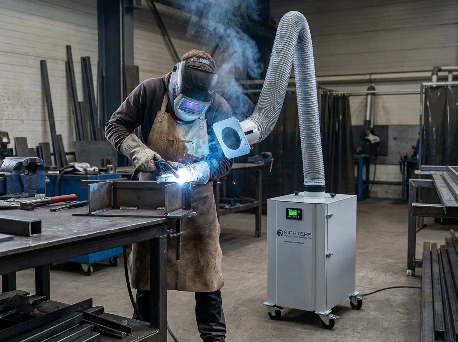 Schweißer mit mobilem Schweißrauchabsauger und Saugarm saugt Schweißrauch ein