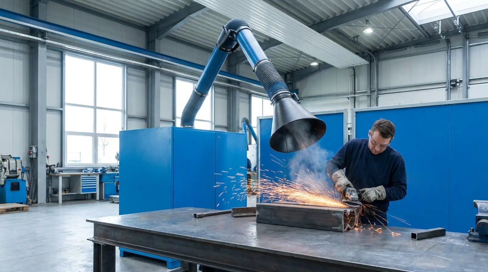 Ein Mitarbeiter schleift ein Metallwerkstück; ein blauer Absaugarm mit schwarzem Trichter erfasst Funken und Schleifstaub direkt über der Bearbeitungsstelle.