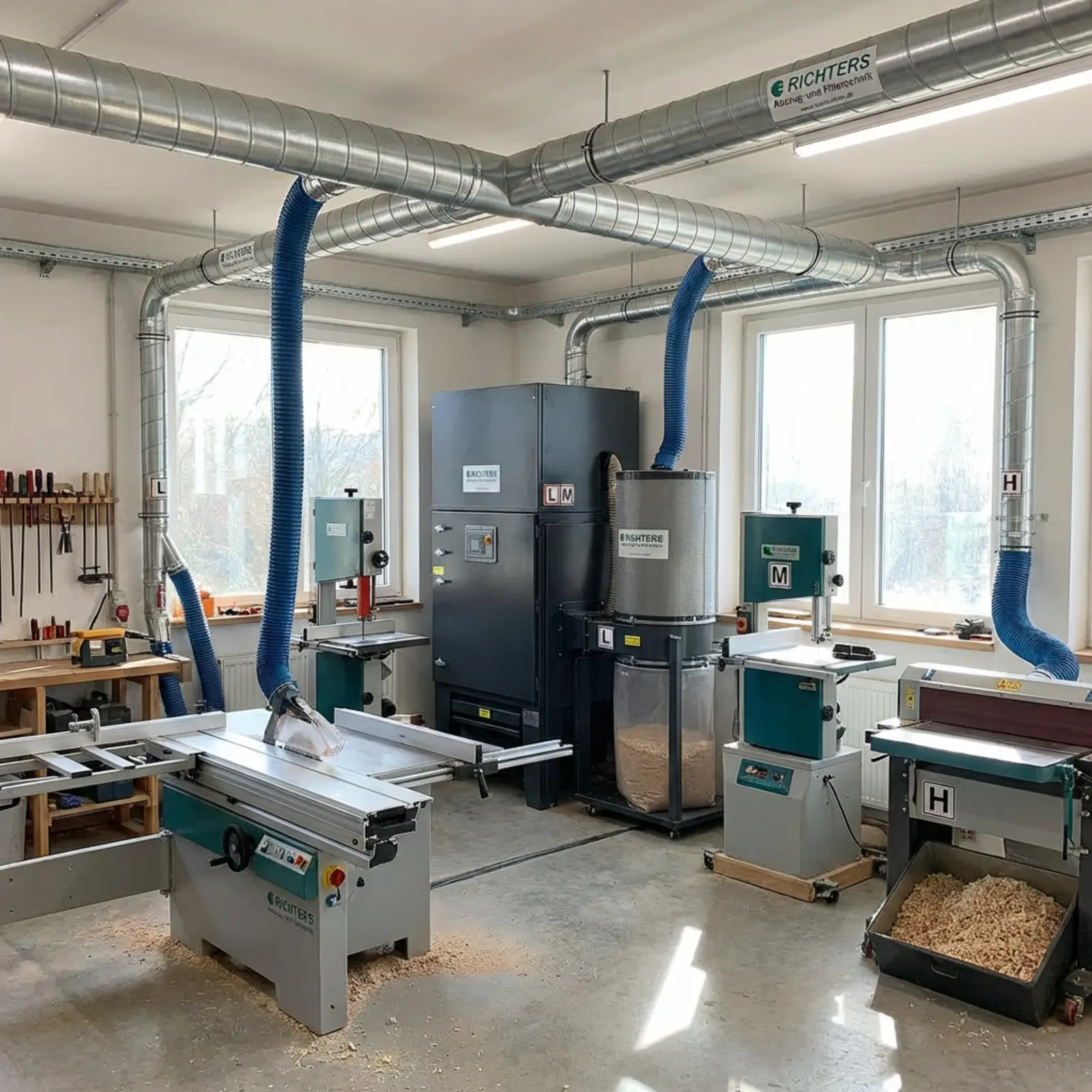 Holzwerkstatt mit Staubabsaugung: Deckenrohre, flexible Schläuche, Filtration, Luft sauber, L/M/H