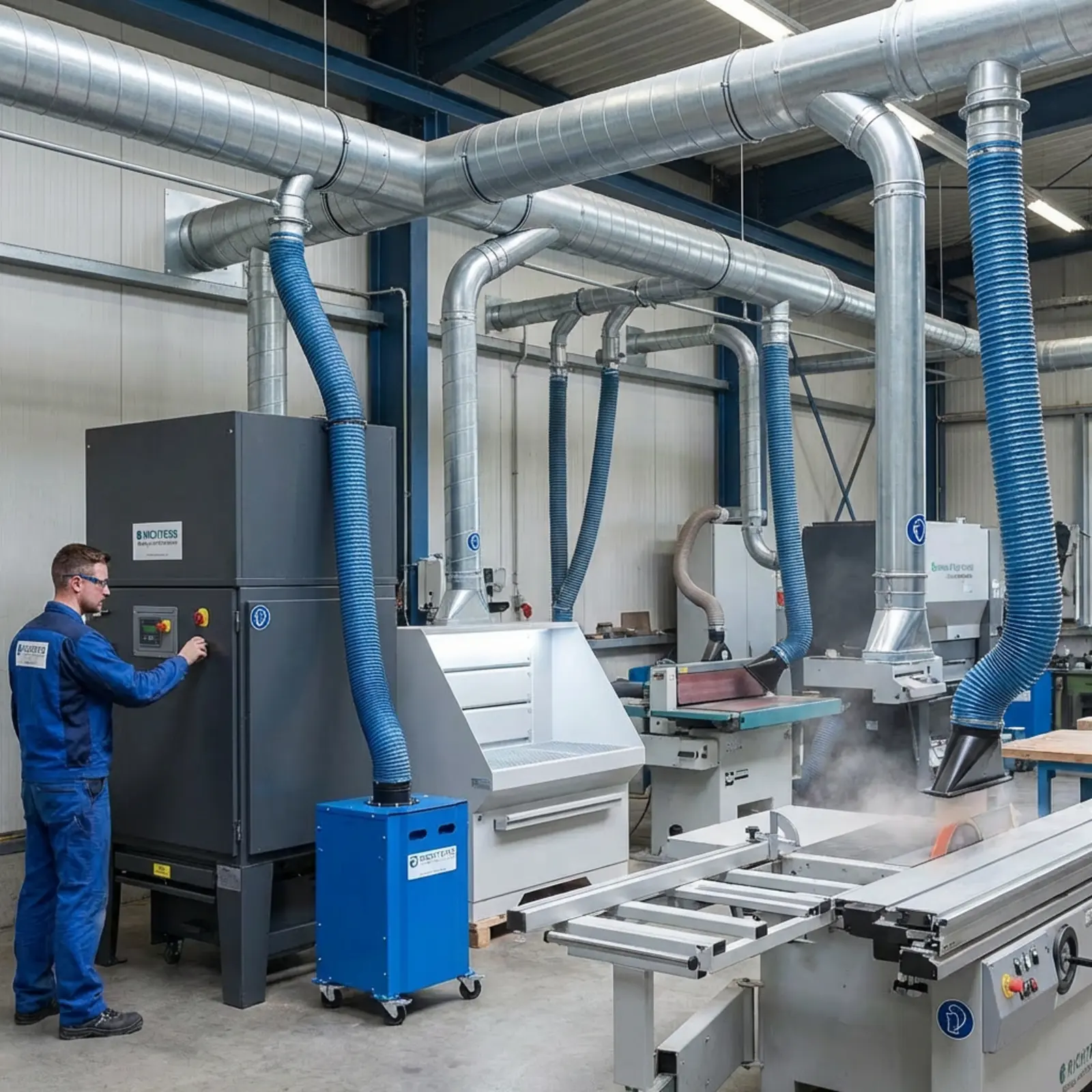 Realistisches Werkstattbild mit Staubabsaugsystem, Filtration, Luftreiniger, Techniker am Panel