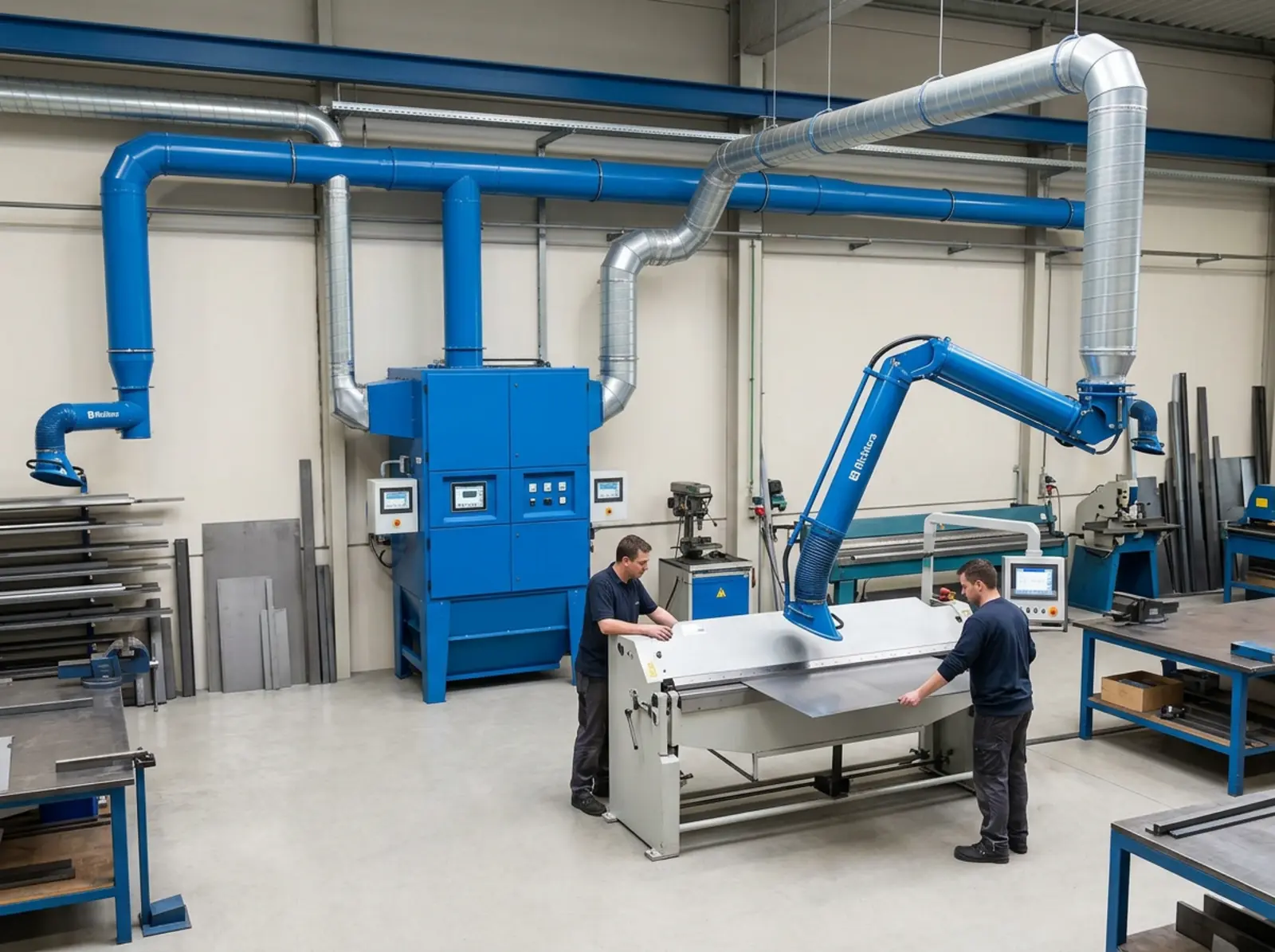 Zwei Mitarbeiter bedienen eine Blechbearbeitungsmaschine in einer Werkstatt mit blauen Absaugrohren.