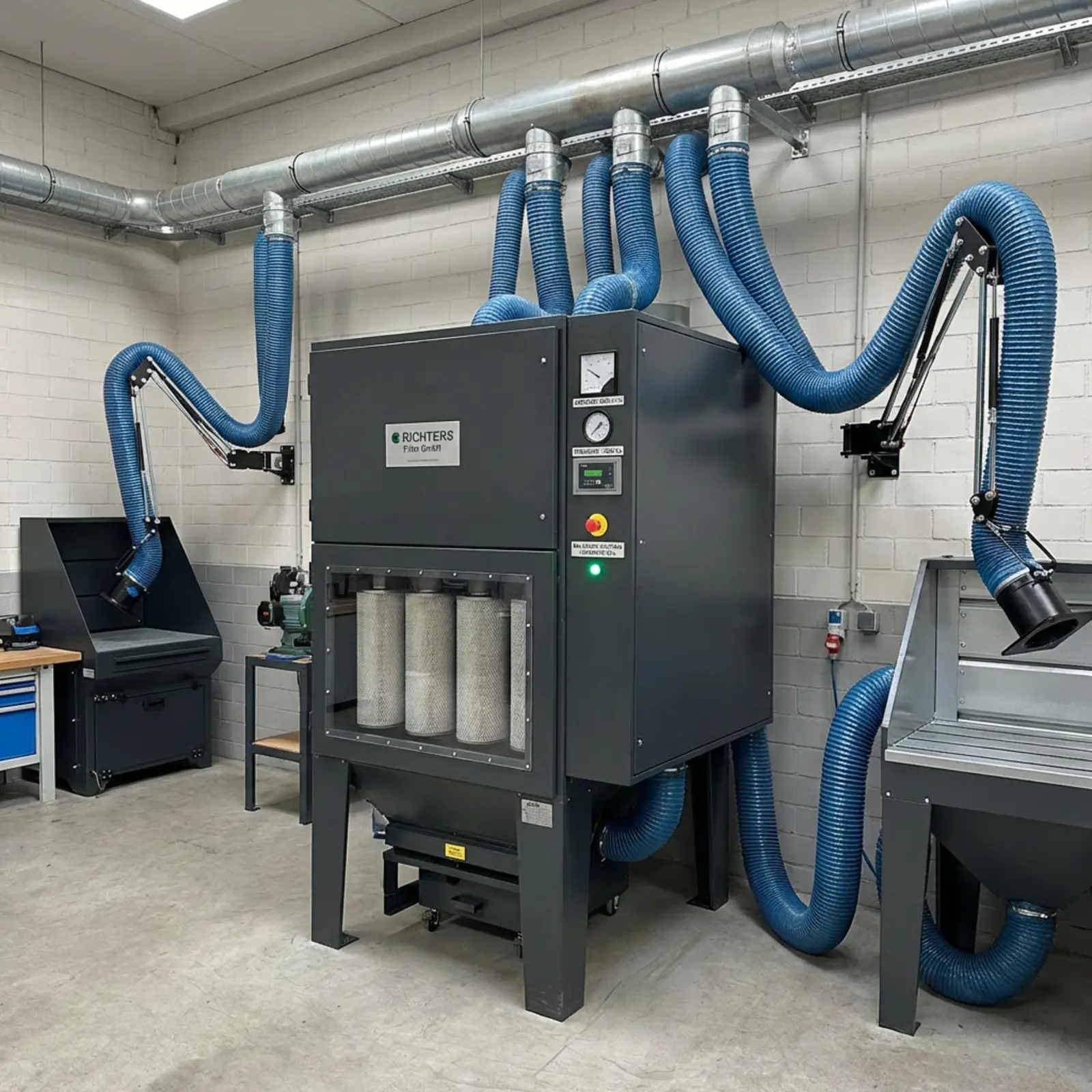 Fotorealistisches Werkstatt-Absaugsystem mit Zentralabsaugung, Rohren, Schläuchen und Filtration