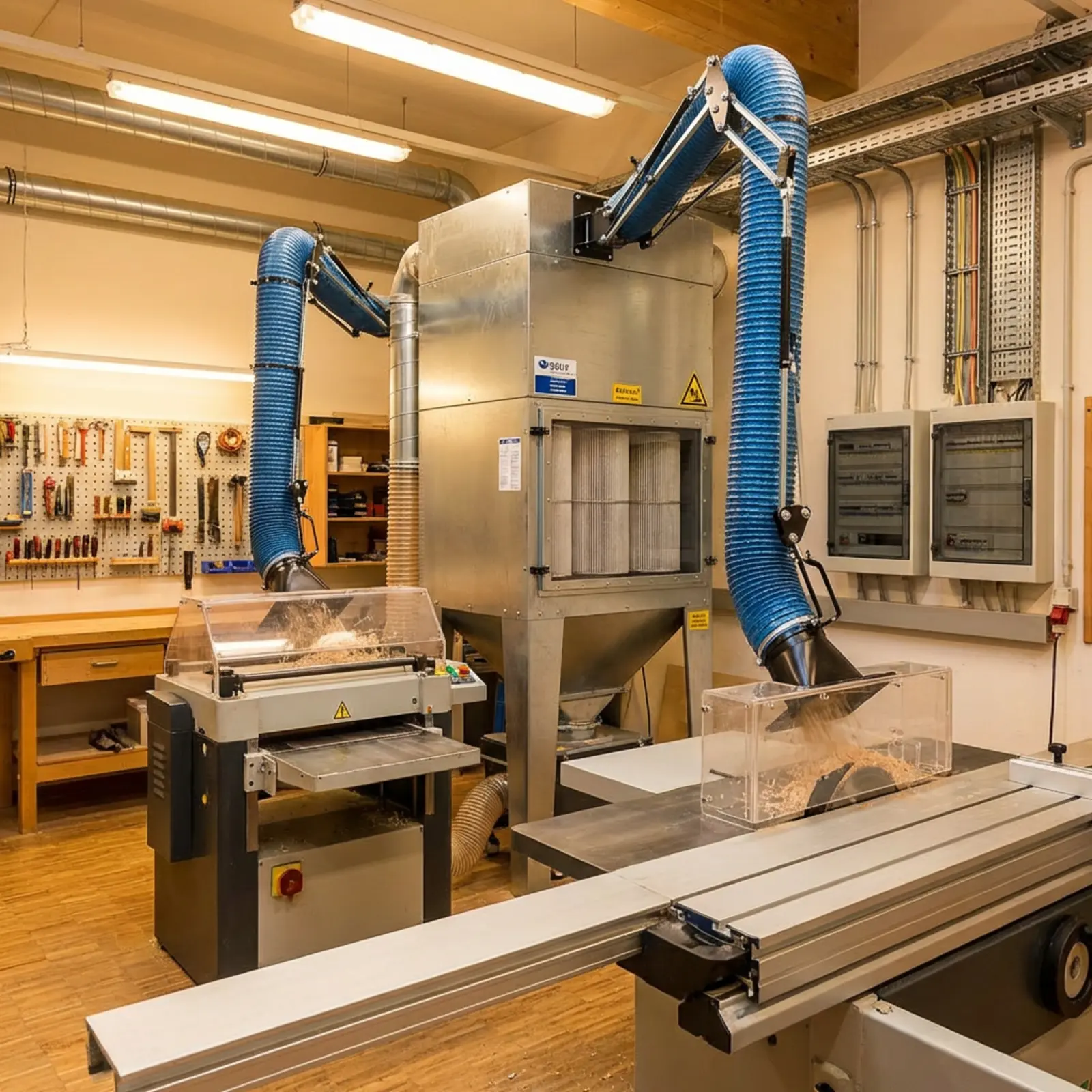 Quadratische Werkstatt mit zentraler Staubabsaugung, Metallkollektor und gefiltertem Staub.