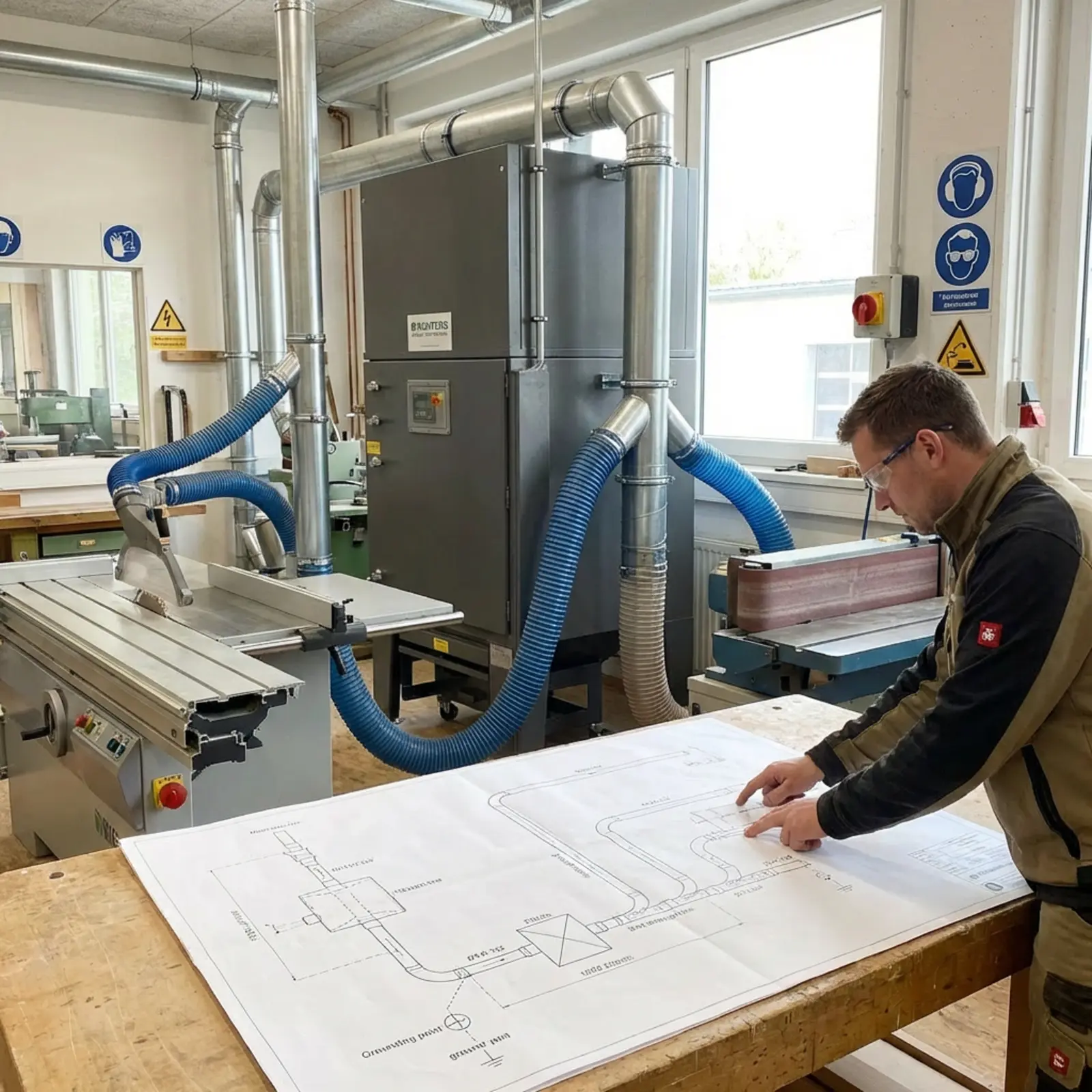Fotorealistisches Werkstattbild: Techniker plant Staubabsaugung, Röhren, Filtrationstufen, Erdung