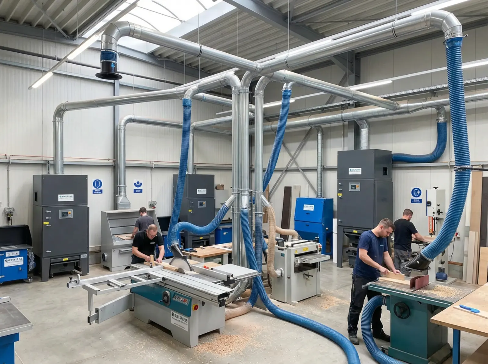 Schreinerei mit zentraler Staubabsaugung, Arbeitstische, Maschinen und heller Beleuchtung.