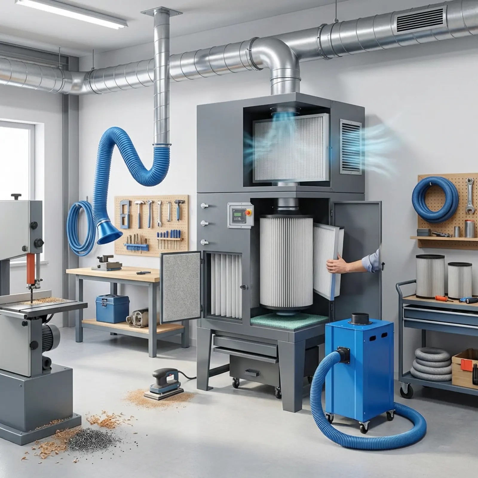Werkstatt mit zentraler Staubabsaugung, kompaktem Modul, Mehrstufenfiltration, saubere Abluft.