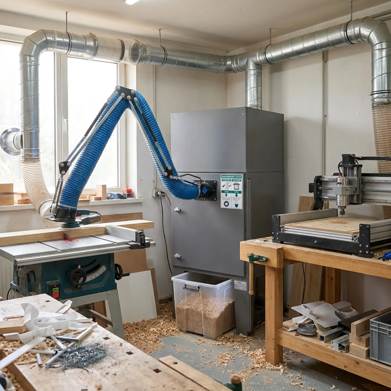 Quadratisches Foto einer Werkstatt-Absauganlage: kompakte Zentrale, direkter Schlauch, HEPA-Filter.