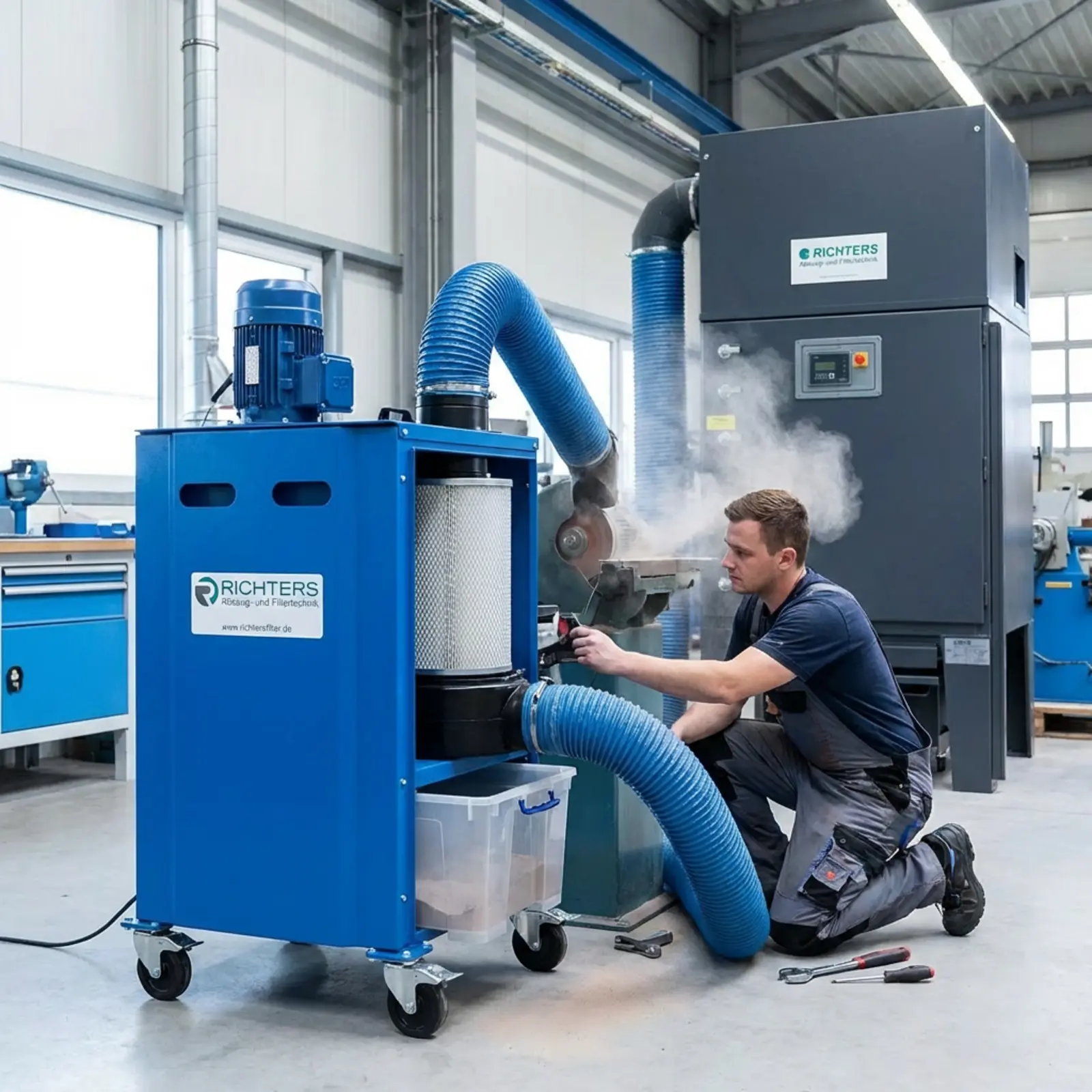 Staubabsauganlage in Werkstatt in Betrieb Techniker prüft Filter, klare Luft, Einheit im Hintergrund.