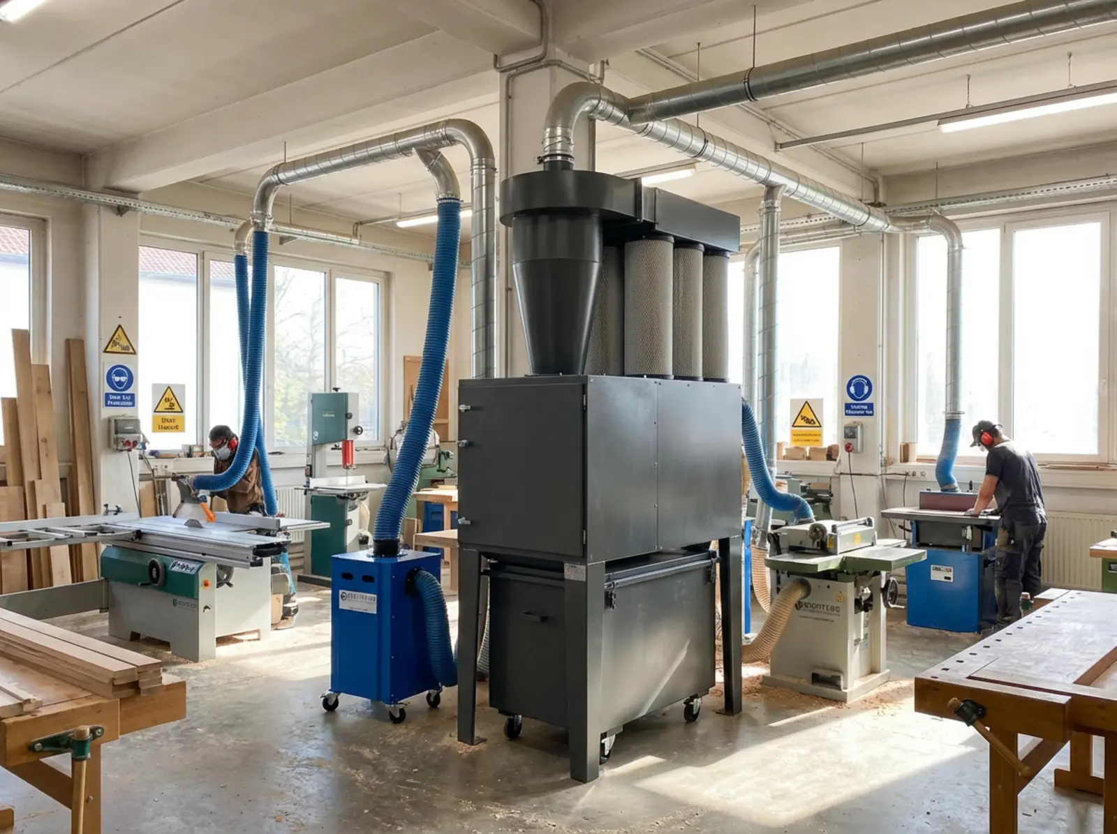Schreinerwerkstatt mit Staubabsaugung, zentrale Einheit an Maschinen, Filter, Zyklon, Staubbehälter