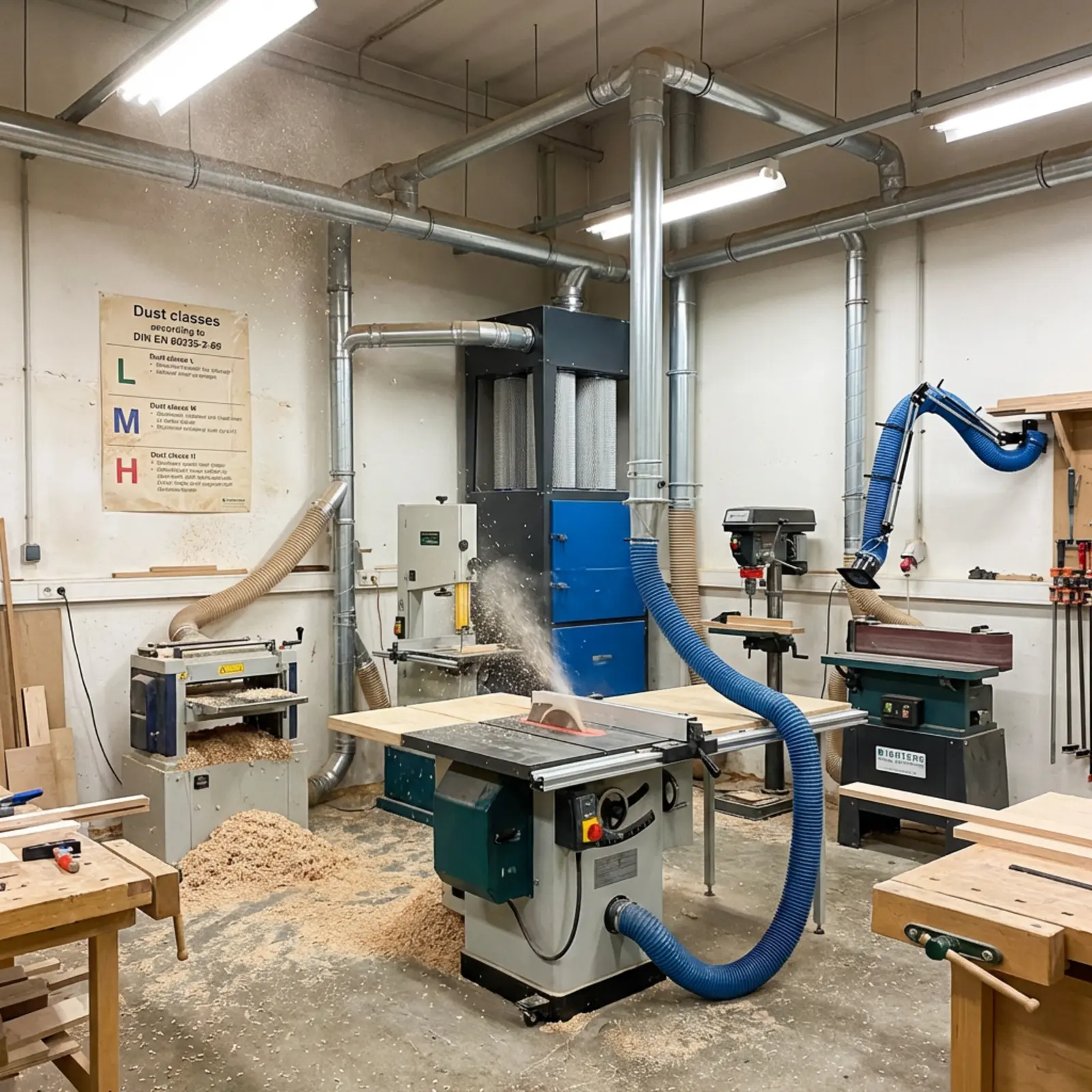 Holzwerkstatt mit Tischsäge, Bandsäge, Hobel, Bohrpresse, Staubabsaugung und Holzspäne.