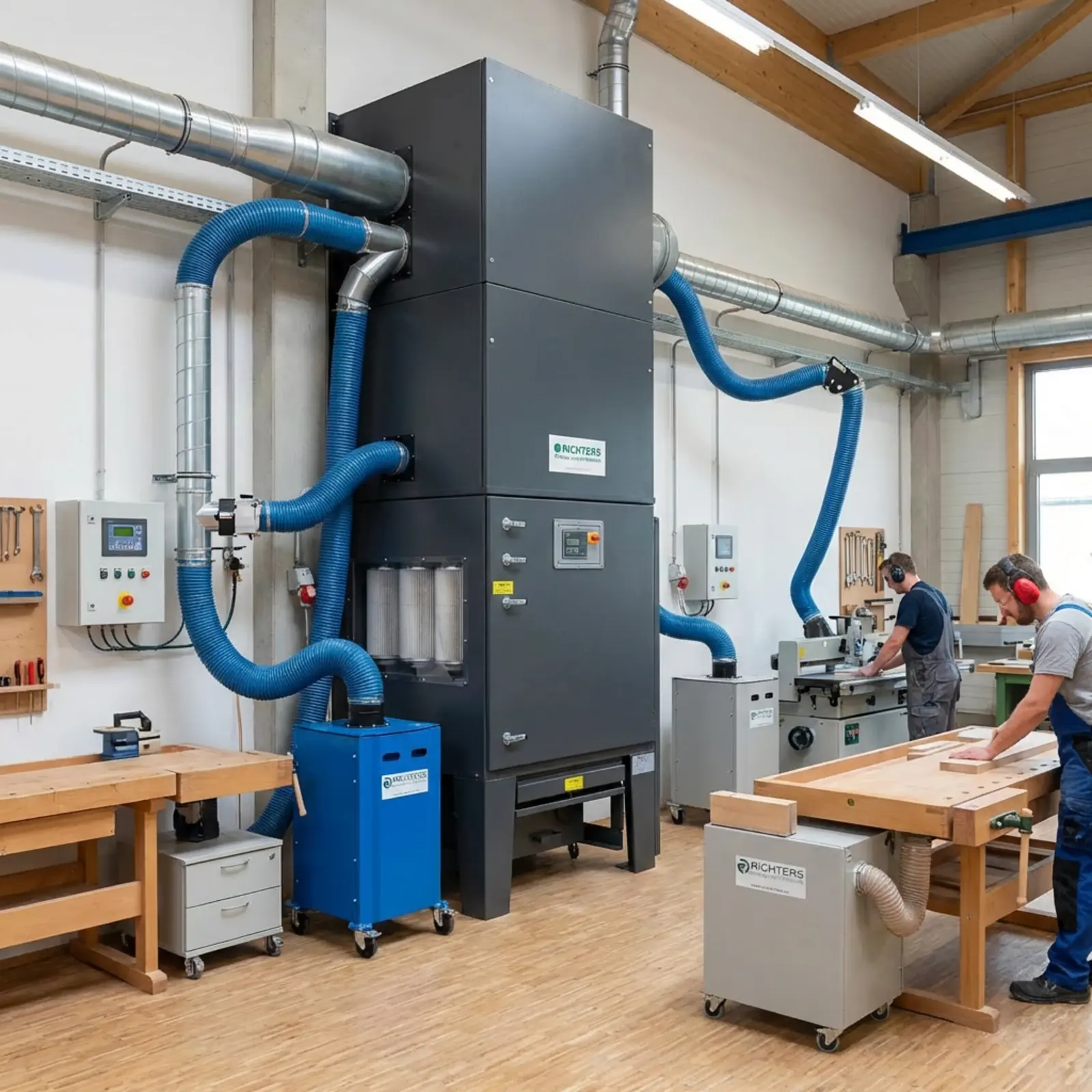 Quadratische Werkstatt mit automatisierter Staubabsaugung, zentraler Einheit, Fernüberwachung.