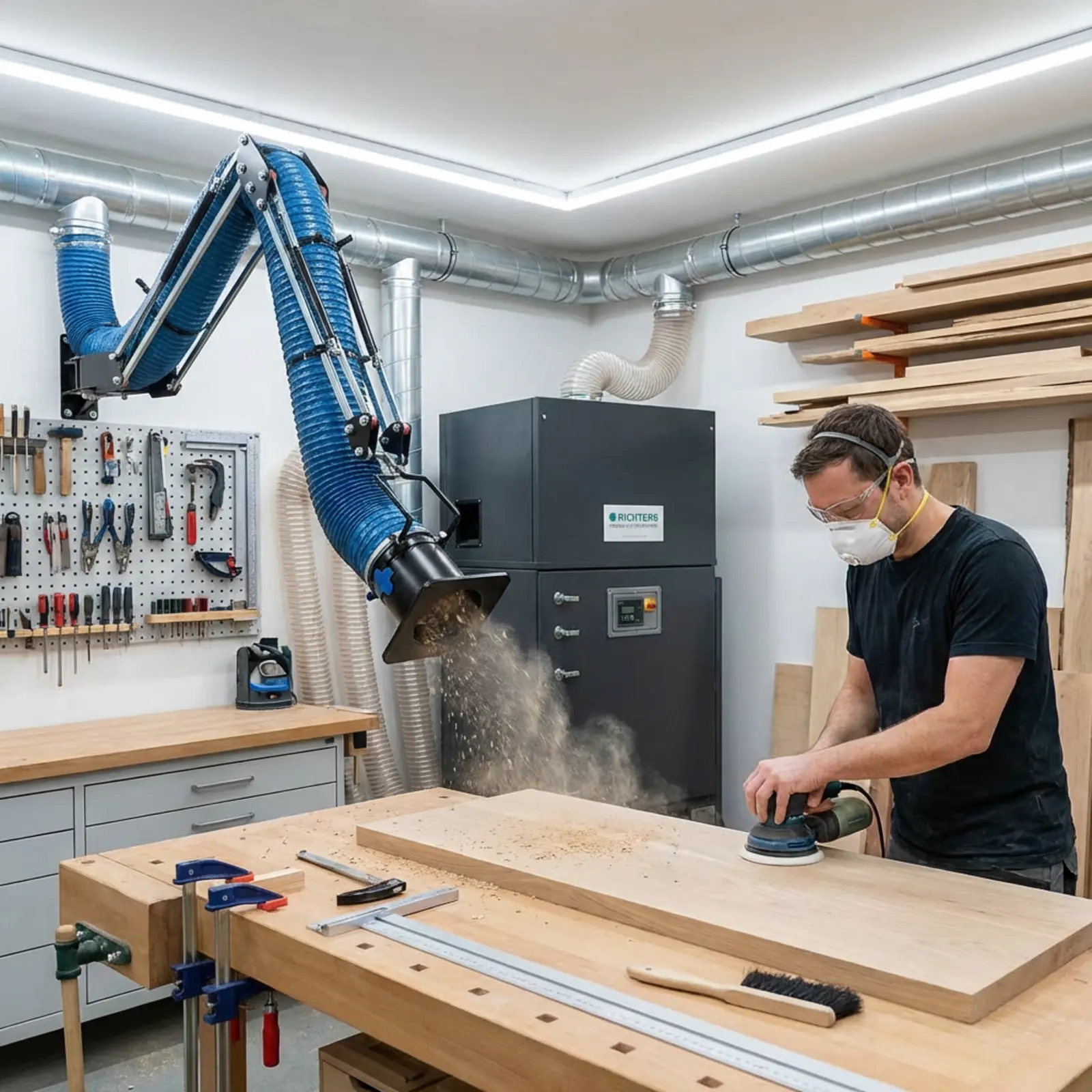 Schreineratelier mit moderner Staubabsaugung, Schläuchen, Leitungen und zentralem Absauger, hell.