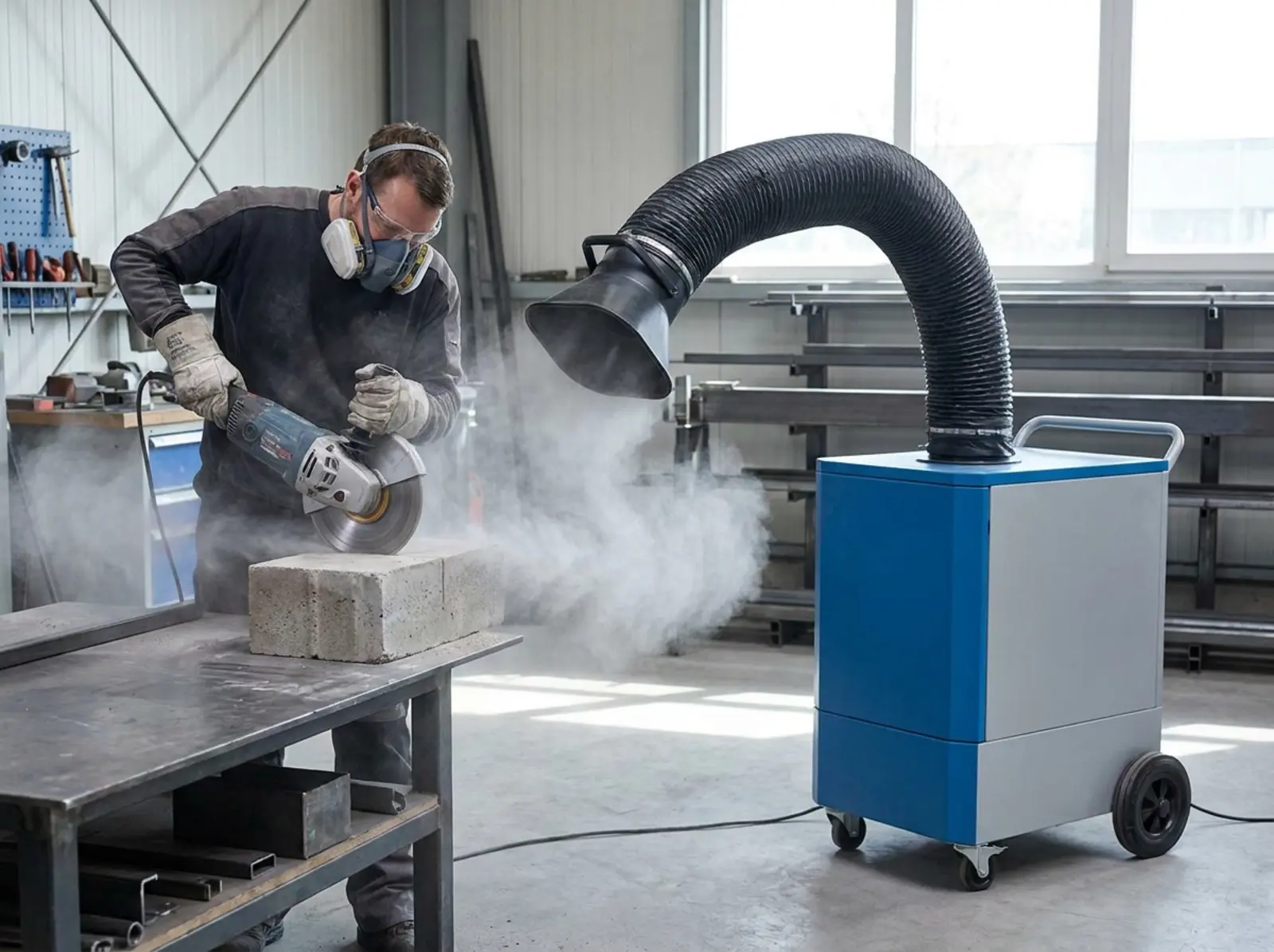 Ein Mitarbeiter trennt einen Betonstein mit einem Winkelschleifer; eine mobile blaue Absauganlage mit schwarzem Trichter erfasst den mineralischen Staub.
