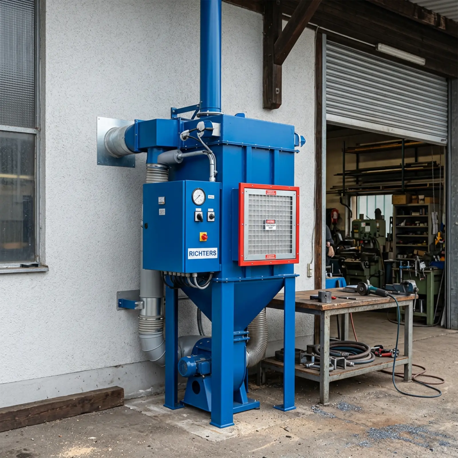 Eine blaue Absaugung für die Werkstatt steht vor dem offenen Tor neben einem Arbeitstisch.