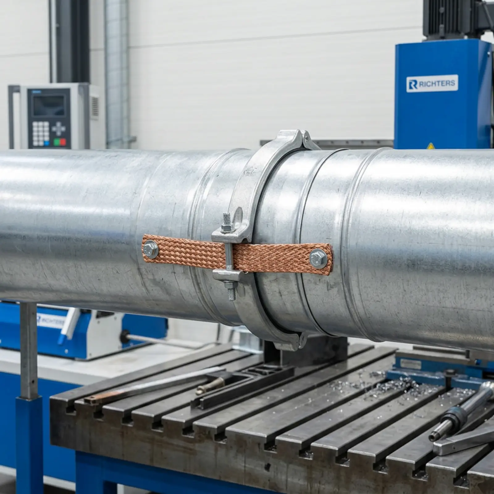Eine geflochtene Kupferlitze verbindet zwei Metallrohrteile über einen Flansch in der Werkstatt.