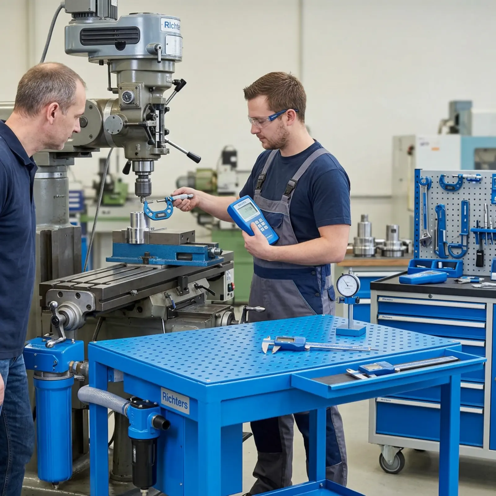 Zwei Mitarbeiter vermessen an einer Fräsmaschine ein Werkstück und prüfen es mit digitalen Messgeräten.