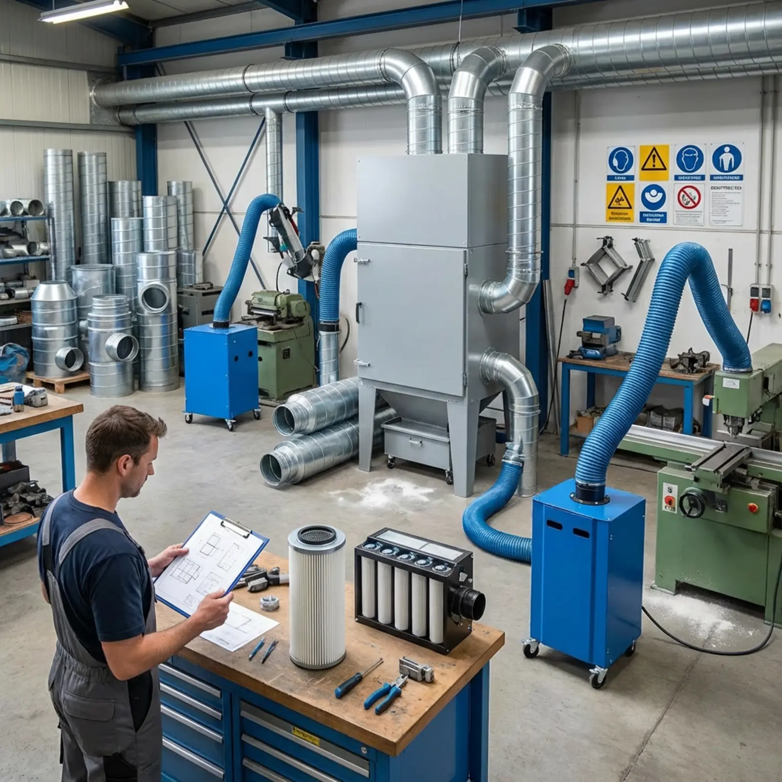 Ultra-realistische Werkstatt Staubabsaugungs-Upgrade; Techniker mit Akte, modulare Schlauchführung.