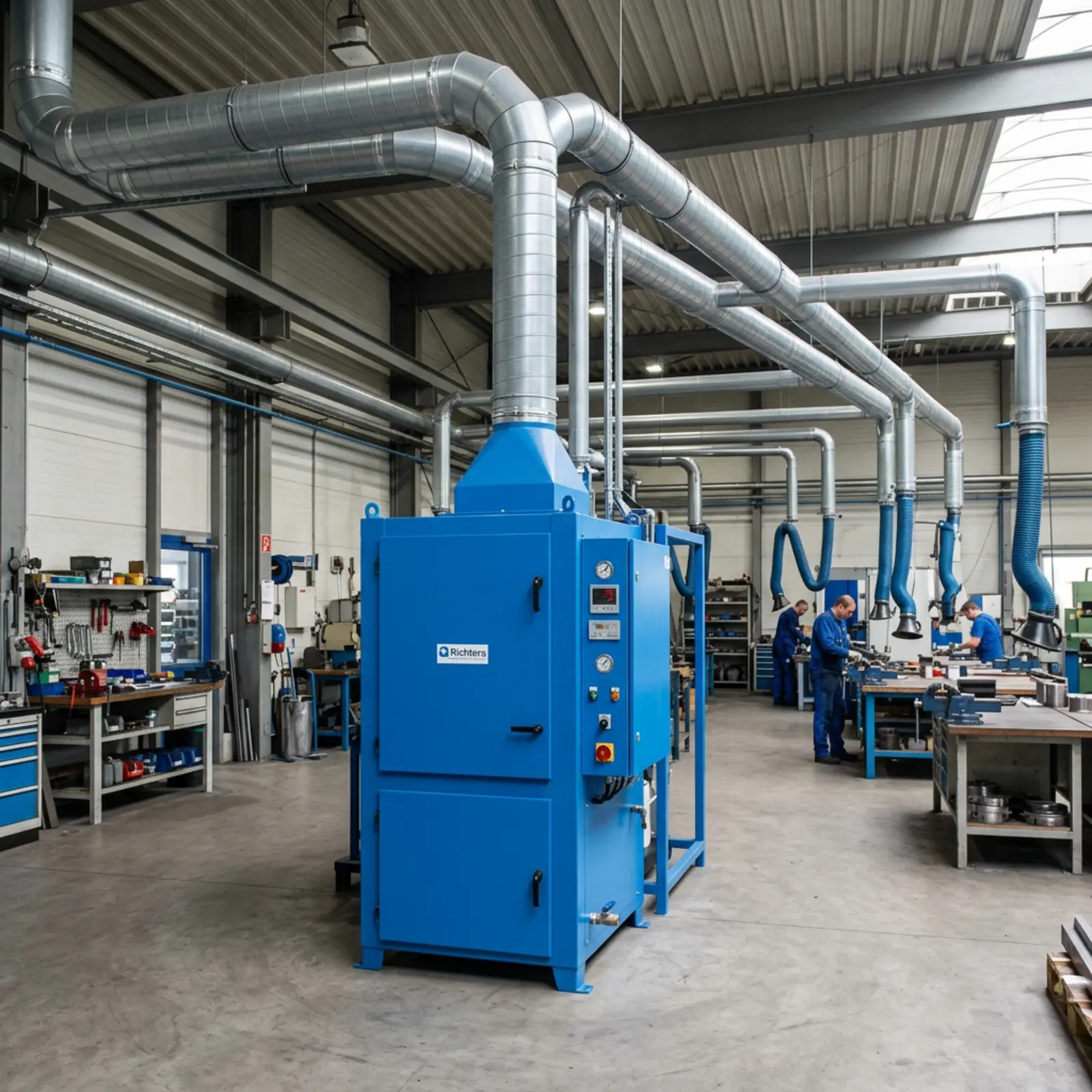 Eine blaue zentrale Absauganlage mit verzweigten Rohrleitungen und flexiblen Absaugarmen steht in einer Werkstatthalle.