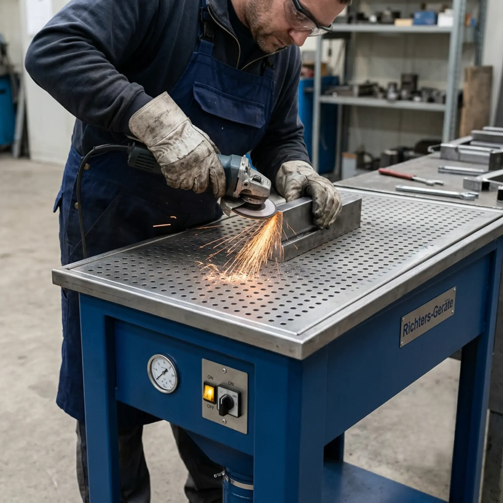 Ein Arbeiter schleift Metall auf einem perforierten Absaugtisch; die Absaugung Werkstatt fängt Staub auf.
