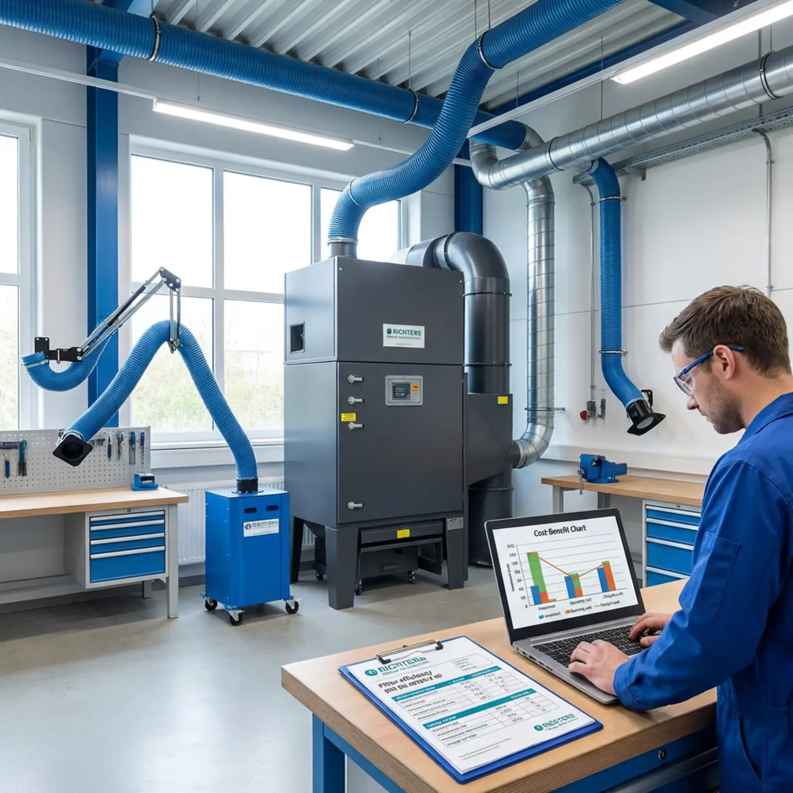 Fotorealistische Werkstatt: Staubabsaugung, mobiler Sammler; Ingenieur mit Laptop, Luftkanalplanung.