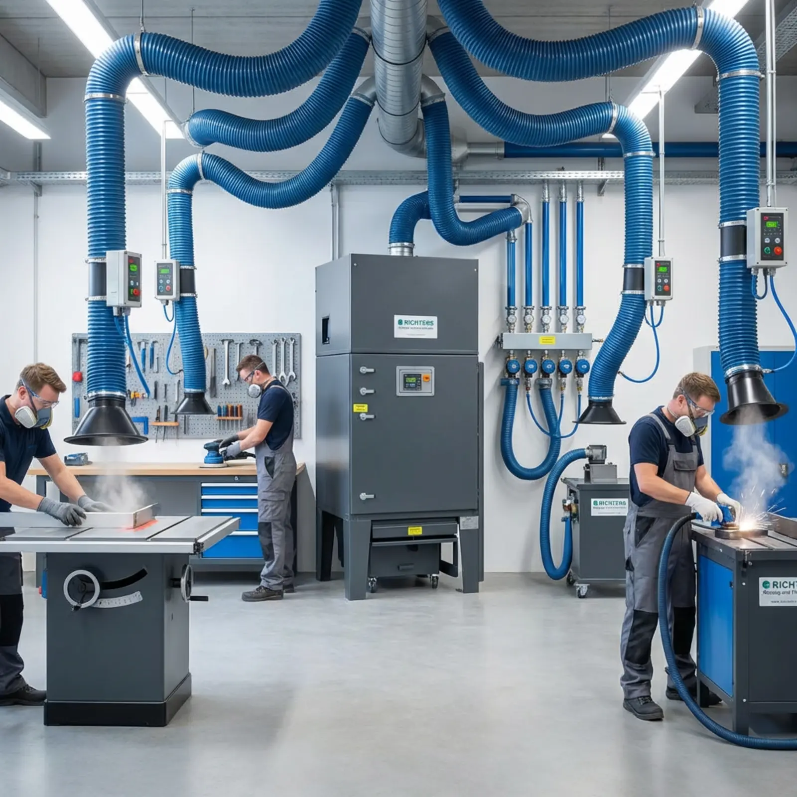 Moderne Werkstatt mit zentraler Staubabsaugung, flexible Schläuche, PPE-Schutz, saubere Luft.