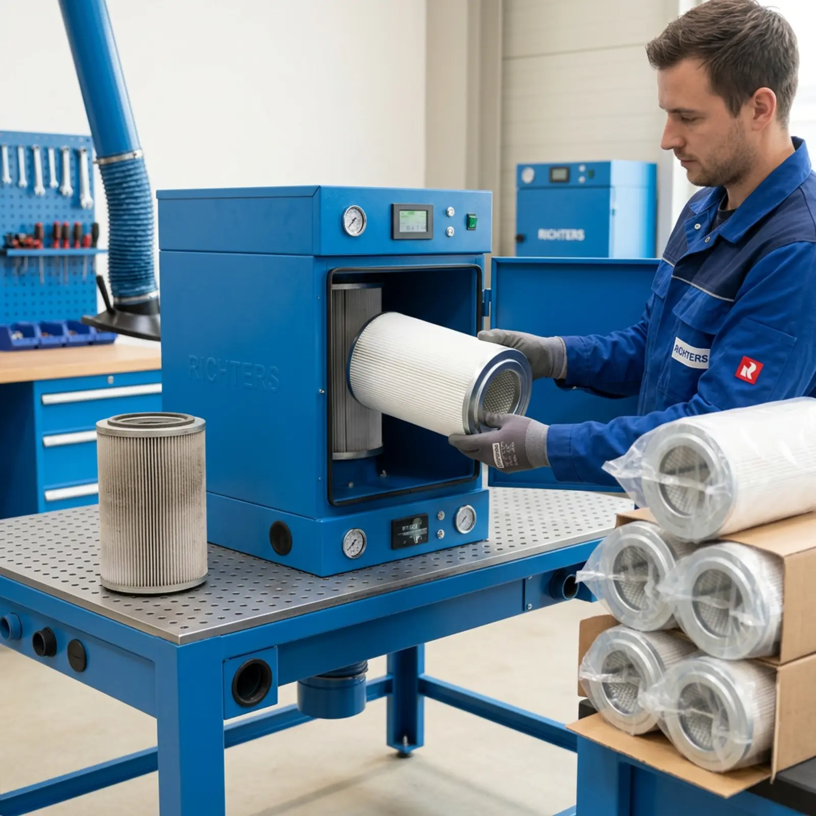 Ein Mitarbeiter entnimmt einen zylindrischen Filter aus einer blauen Absaugung in der Werkstatt; weitere liegen bereit.